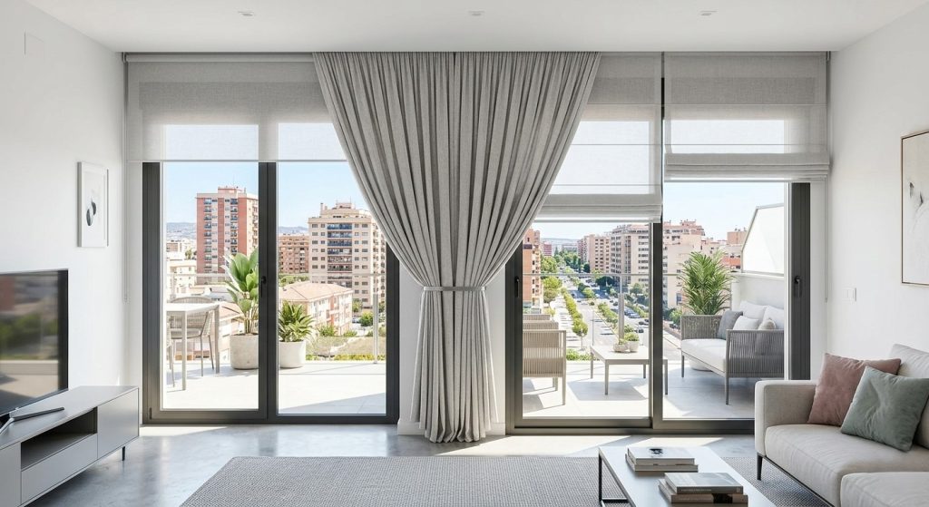 cortinas modernas instaladas en vivienda de obra nueva en Juan Carlos I Murcia