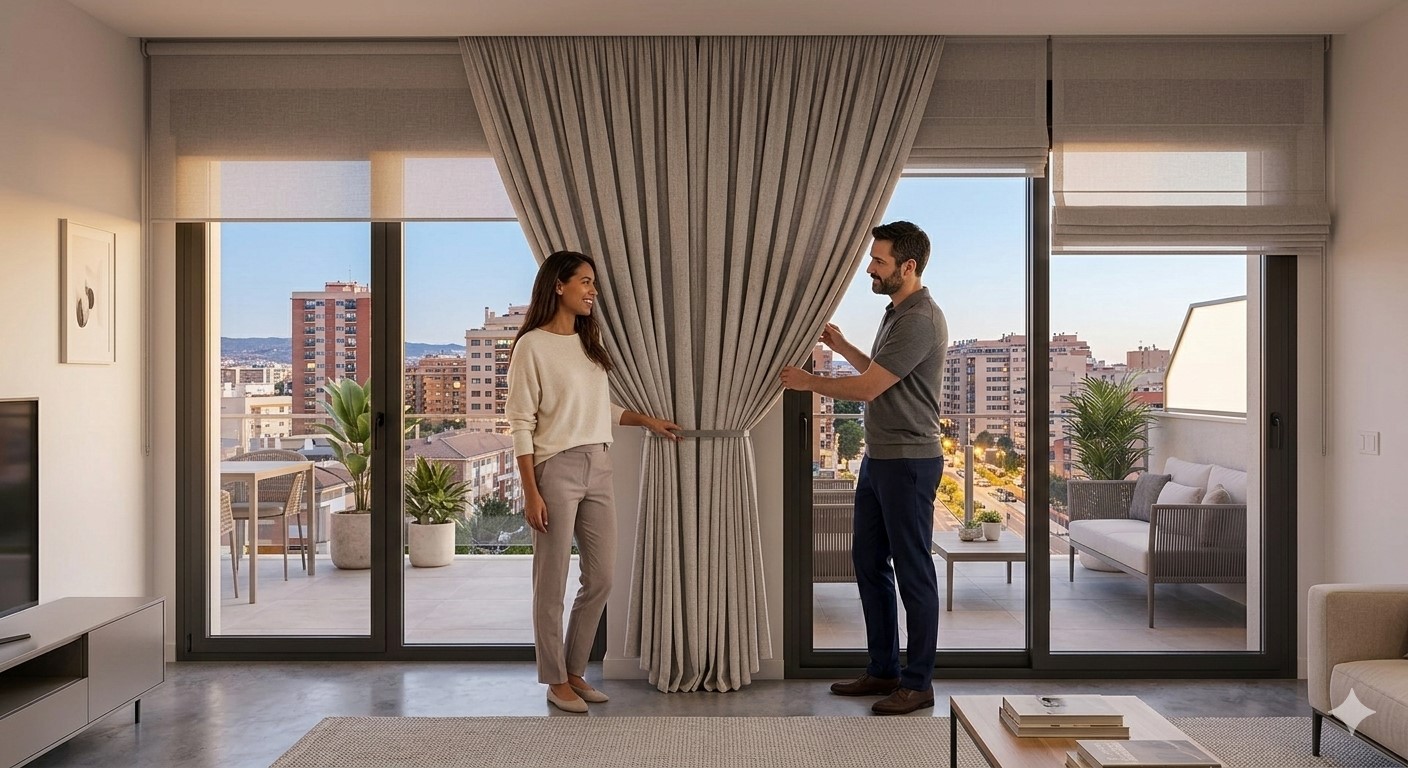 cortinas modernas instaladas en vivienda de obra nueva en Juan Carlos I Murcia